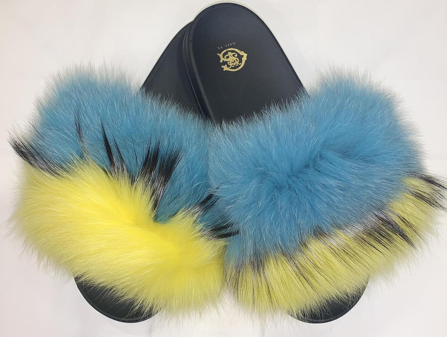 Gaia VS Teal and Yellow Fox Fur Slides