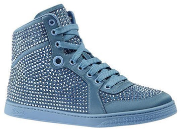 Gucci High Top Sneakers Crystal Studs Green Teal Satin