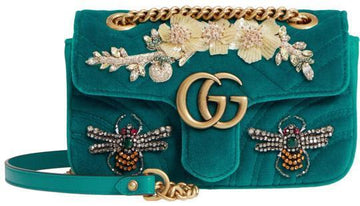 Gucci Marmont New Mini Embroidered Mini Pivoine Gg Matelasse Green Velvet Shoulder Bag