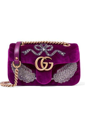 GUCCI GG Marmont Mini Velvet Crystal Embellished Feather Fuchsia Plum Shoulder Bag